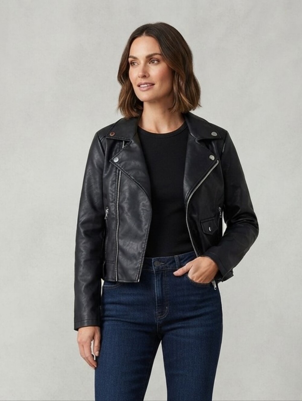 Ashley By 26 International Sleek Black Faux Leather Jacket Size Medium